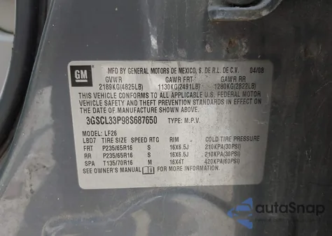 2008 Saturn Vue 4-Cyl Xe from USA, damaged, VIN 3GSCL33P98S687650